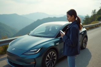 Jeune femme indienne avec voiture électrique en montagne