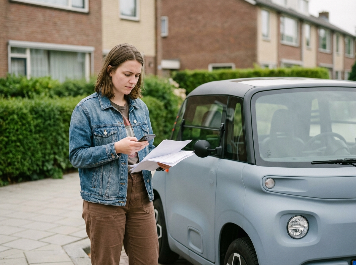 Jeune femme avec microcar électrique en rue résidentielle