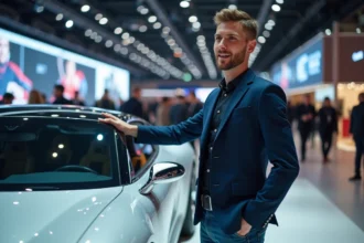 Jeune homme examine un concept car au salon de Paris 2026