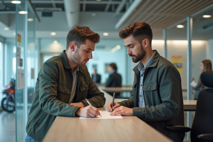 Jeune homme remplissant un dossier à l'accueil d'une école de conduite
