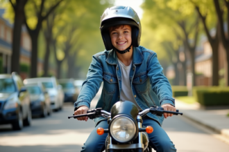 Jeune garçon confiant à moto 50cc dans un quartier paisible