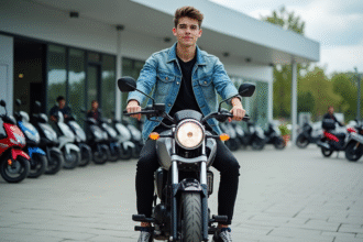Jeune homme en denim sur une moto neuve en concession