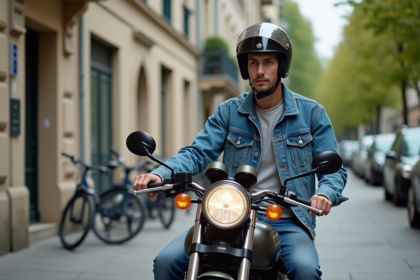 Jeune homme en denim examine une moto 125cc en ville