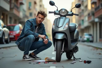 Jeune homme frustré avec scooter 50cc en ville
