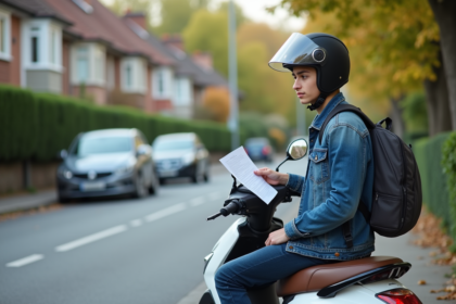 Jeune homme en scooter dans un quartier résidentiel calme