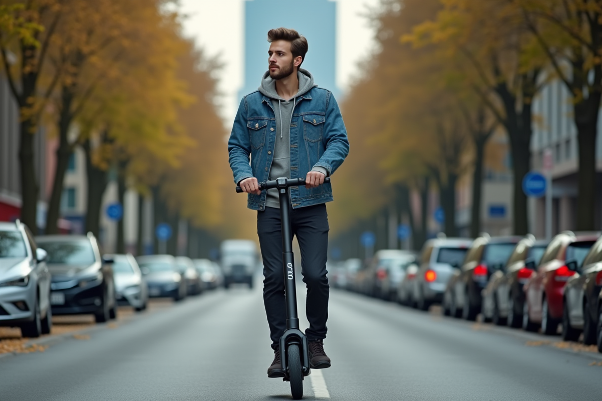 Jeune homme en denim roulant en scooter en ville