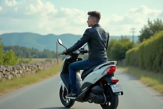 Jeune homme en moto en ville sur un scooter XMAX 125