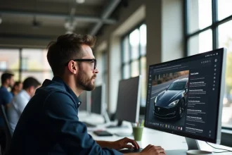 Journaliste automobile consultant le site Drive Actu sur un écran d'ordinateur dans un bureau moderne