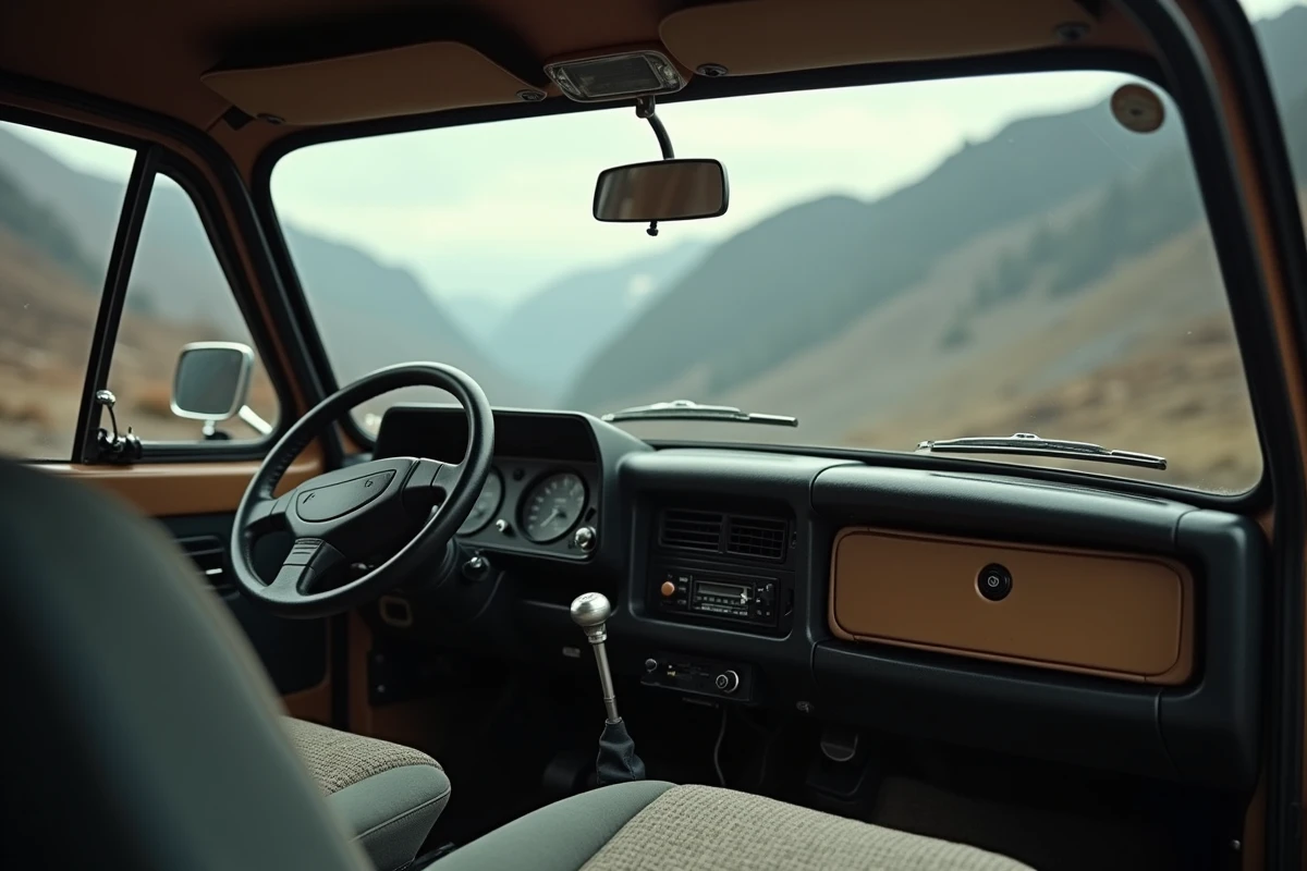 Intérieur du Lada Niva 4x4 2026 avec tableau de bord, levier de vitesse et commande 4x4 visibles