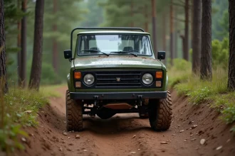Nouveau Lada Niva 4x4 garé sur une piste forestière boueuse, vue trois quarts avant en forêt de pins
