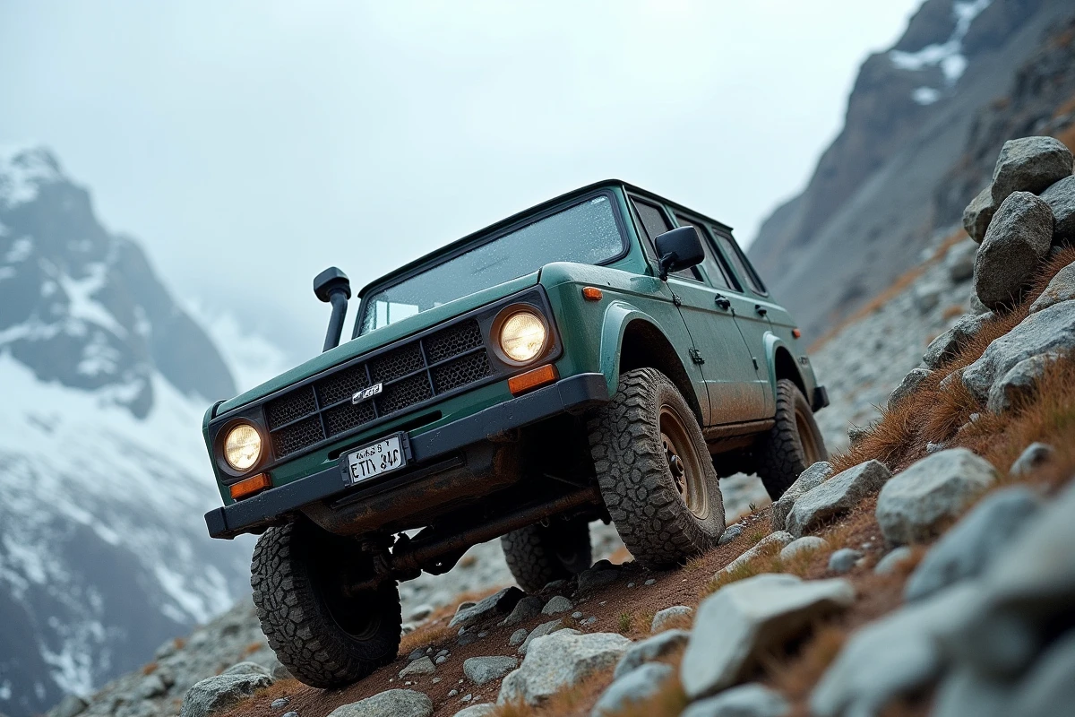 Lada Niva 4x4 en montée sur un sentier rocheux de montagne avec paysage alpin enneigé en arrière-plan