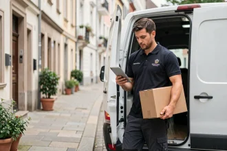 Livreur consultant une tablette numérique devant un camion de livraison blanc en zone résidentielle urbaine