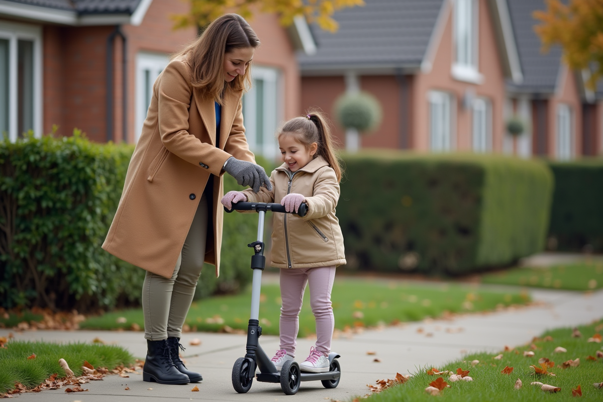 Maman montrant la sécurité du scooter à sa fille dans la rue
