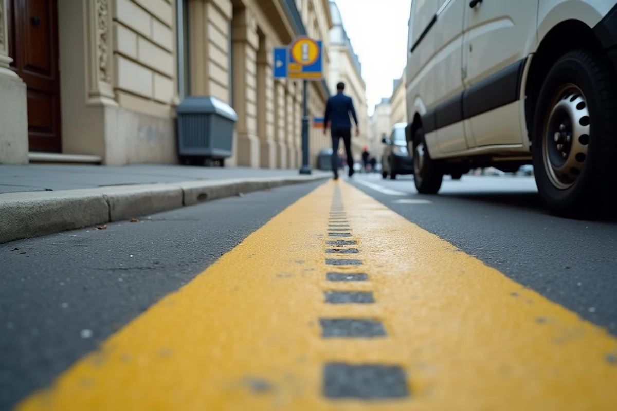 Gros plan sur les marquages au sol à pointillés jaunes d'une zone de livraison parisienne avec panneau de signalisation réglementaire