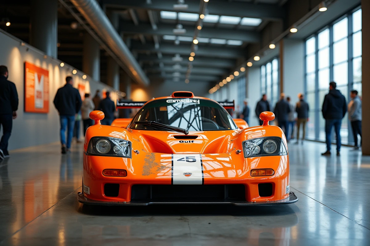McLaren F1 GTR version course exposée dans un musée automobile moderne, entourée de visiteurs floutés soulignant l'héritage motorsport de la voiture