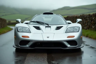 McLaren F1 garée sur une route de campagne britannique sous un ciel nuageux, mettant en valeur son design emblématique en vue de profil