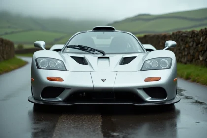 McLaren F1 garée sur une route de campagne britannique sous un ciel nuageux, mettant en valeur son design emblématique en vue de profil
