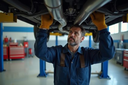 Mécanicien homme inspectant un système d'échappement dans un atelier