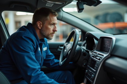 Mécanicien homme en bleu inspectant le tableau de bord d'une voiture