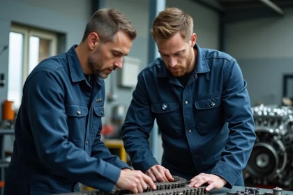 Mécanicien professionnel inspectant une chaîne de distribution BMW sur un établi de garage