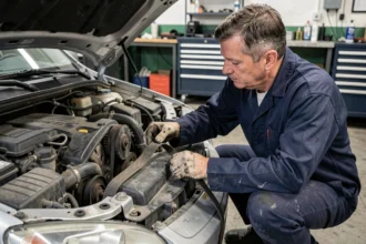 Mécanicien inspectant une courroie d'accessoire sur un moteur de voiture dans un garage automobile professionnel