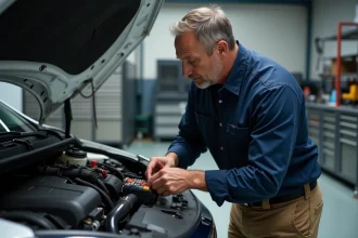 Mécanicien homme examinant la boîte à fusibles automobile dans un garage
