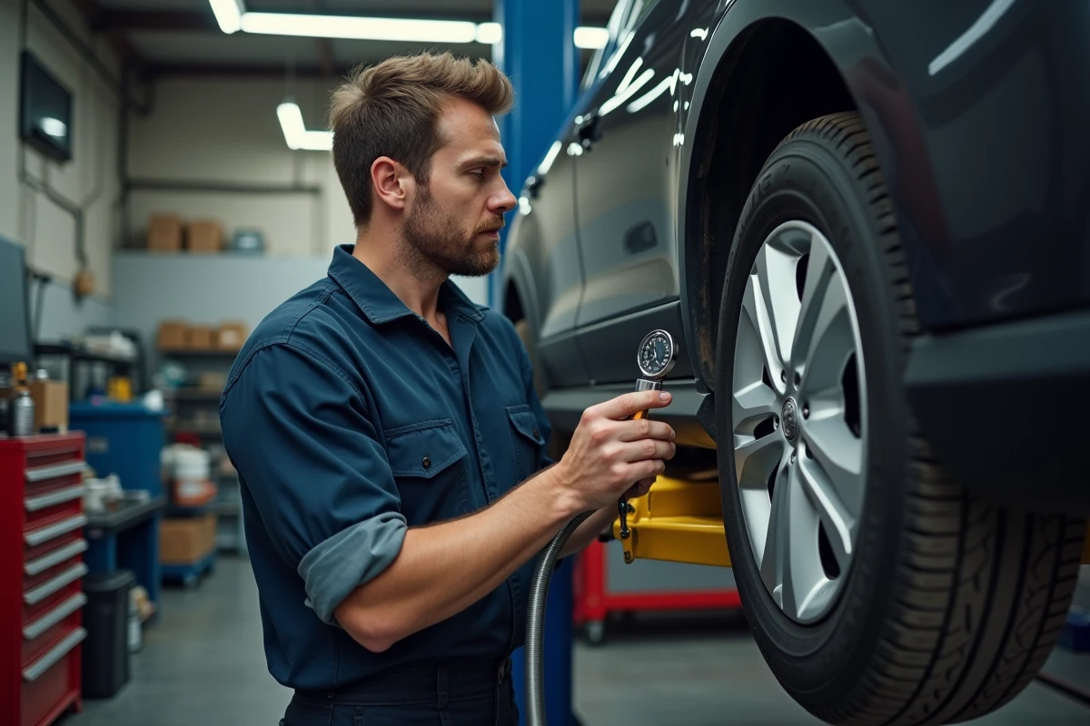 Mécanicien gonflant un pneu avec un compresseur professionnel dans un atelier de réparation automobile