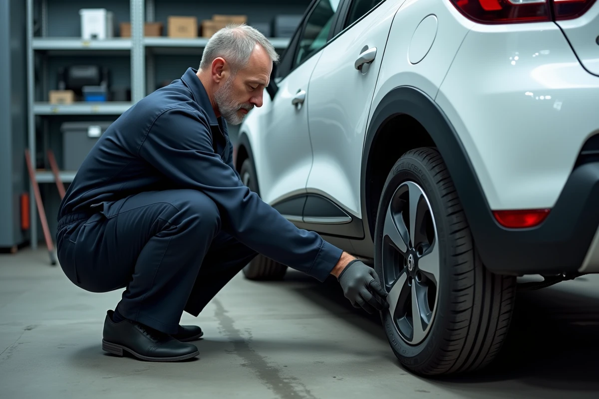 Mécanicien inspectant la suspension d'une Renault Clio chargée dans un garage professionnel