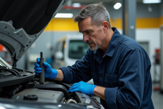 Mécanicien inspectant un moteur Renault dans un garage moderne