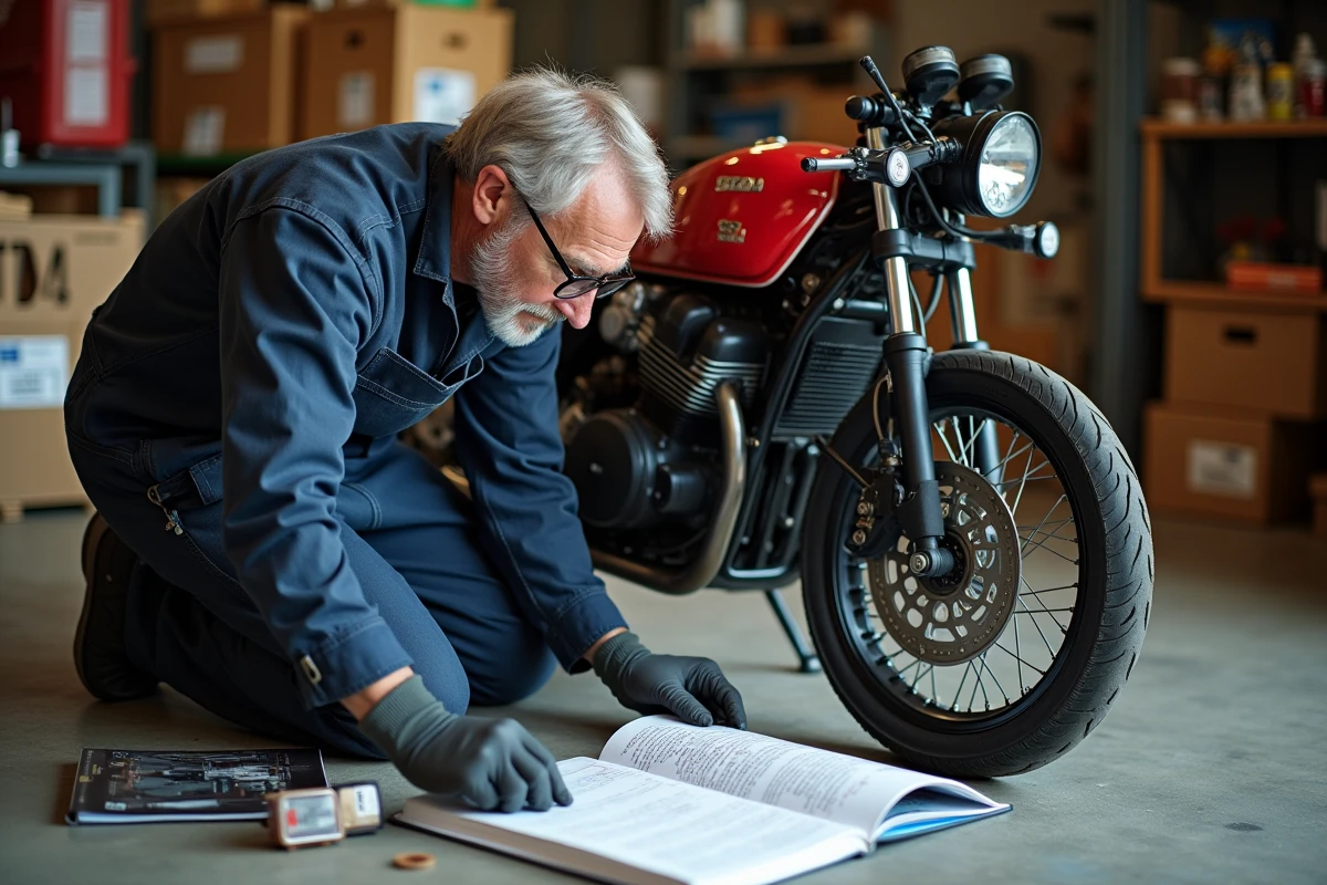 Mécanicien inspectant le cadre d'une Honda XLV750R lors d'une restauration avec des notes de budget posées au sol