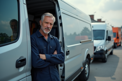 Mécanicien homme inspectant un van diesel en extérieur