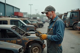Homme en salopette examine une pièce auto dans une casse