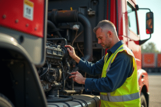 Mécanicien en gilet réfléchissant vérifiant le moteur d'un camion de 32 tonnes en plein jour