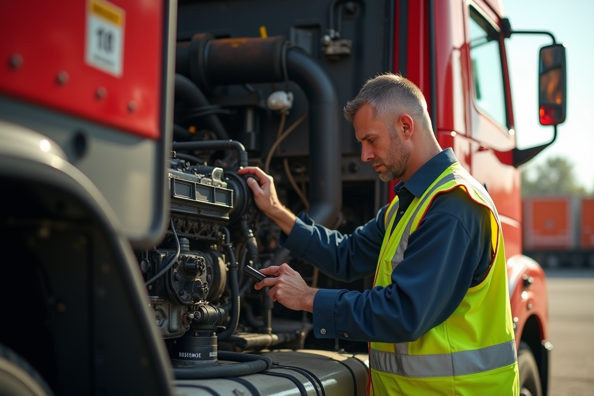 Mécanicien en gilet réfléchissant vérifiant le moteur d'un camion de 32 tonnes en plein jour