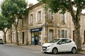 Vue d'ensemble d'une auto-école typique dans une ville de l'Yonne avec une voiture double commande garée devant