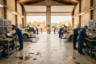 Vue panoramique d'un garage automobile professionnel en Provence-Alpes-Côte d'Azur avec plusieurs mécaniciens au travail