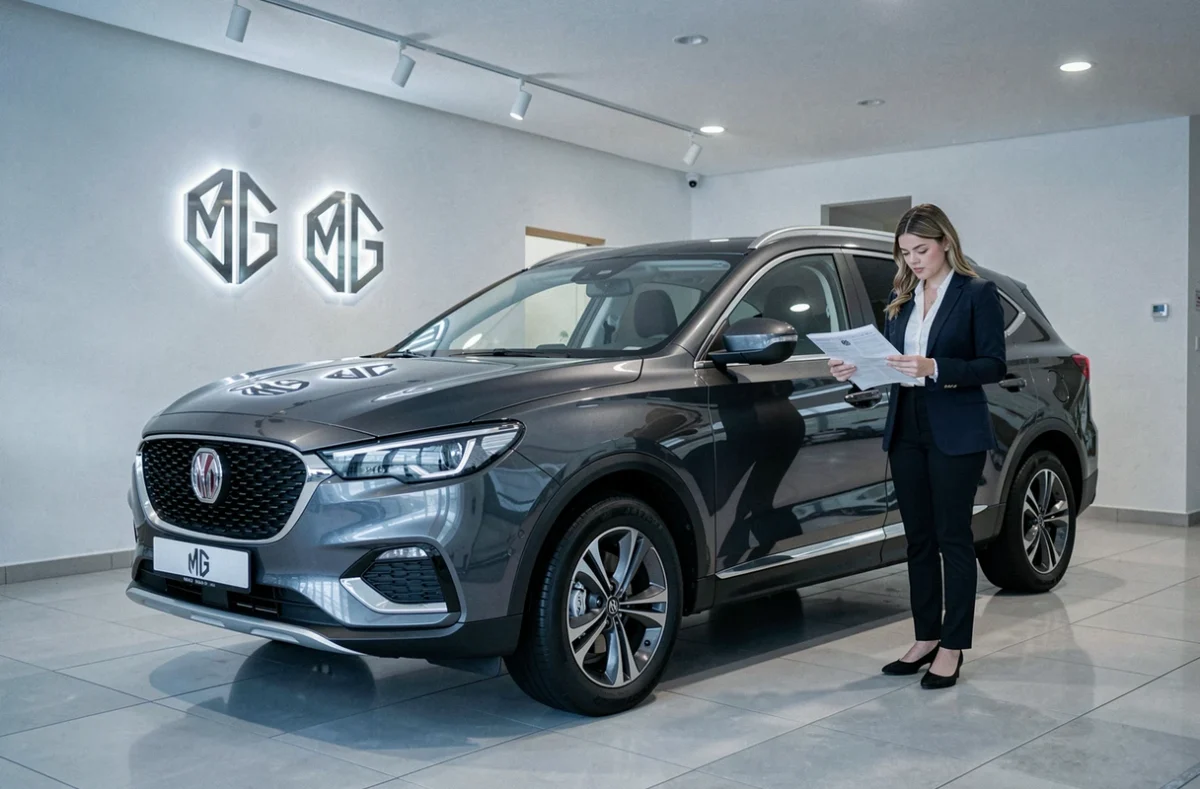 SUV électrique MG exposé dans le showroom MG Automobile à Nancy avec conseillère commerciale