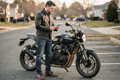 Motard en veste de cuir consultant des documents d'assurance moto 650cc dans un parking résidentiel