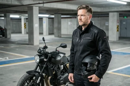 Motard debout à côté de sa moto dans un parking urbain, illustrant le bonus assurance moto