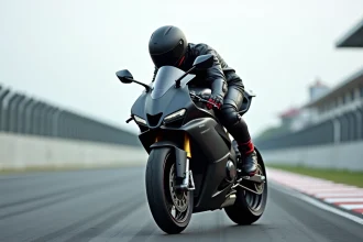 Motard en combinaison racing noire accroupi sur une moto sportive haute performance sur un circuit de course, prise de vue grand angle en contre-plongée