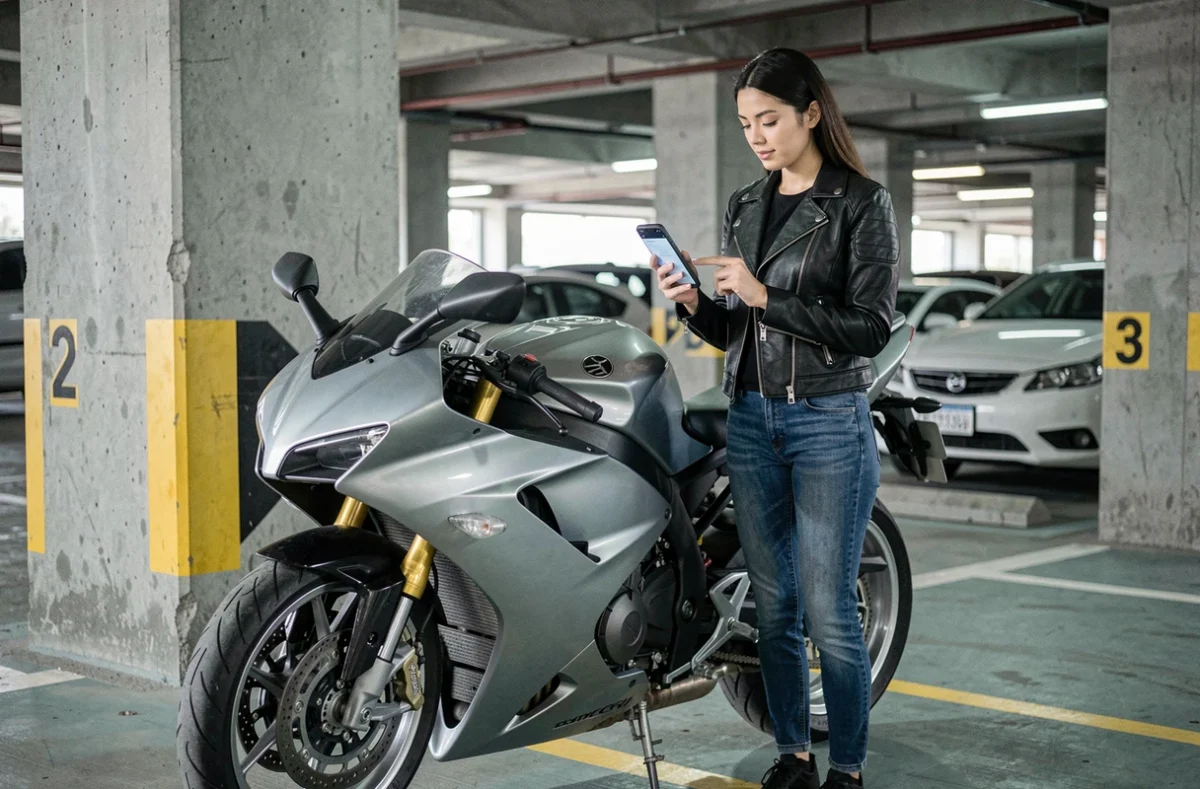 Femme motarde consultant un devis assurance moto sur smartphone dans un parking urbain