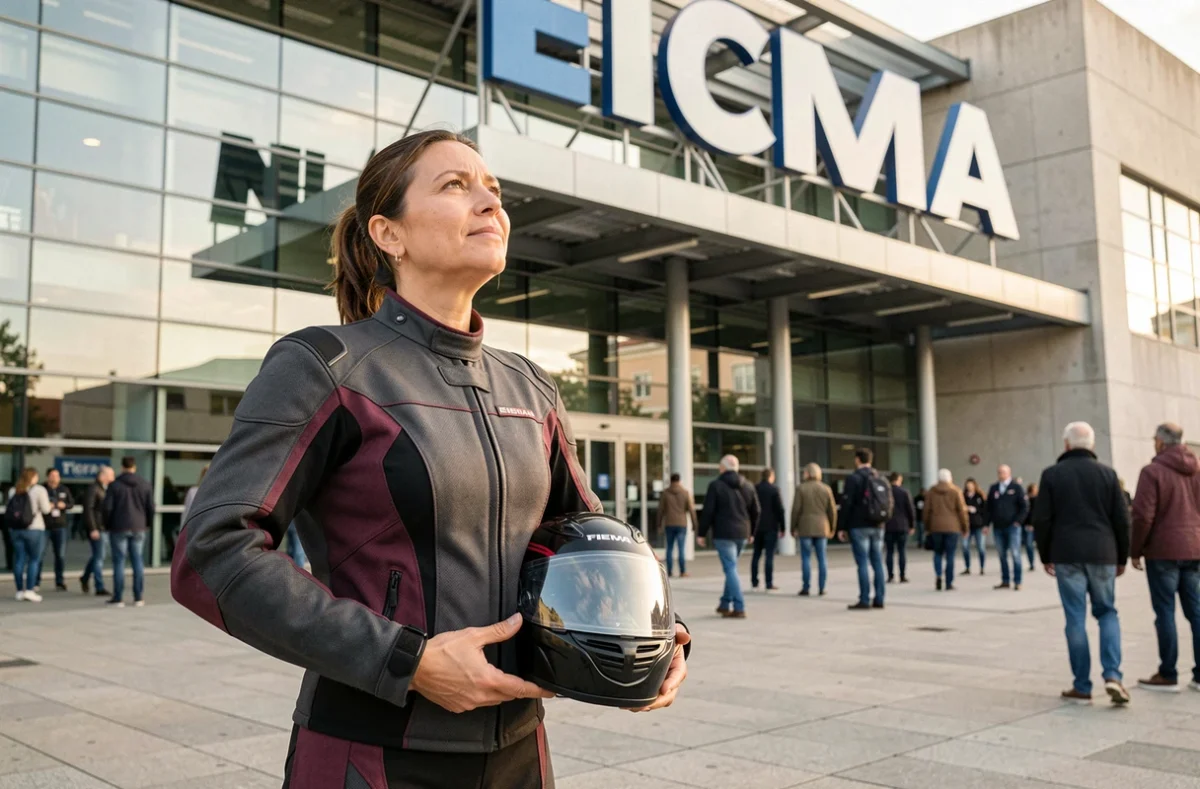 Motarde en combinaison textile debout devant l'entrée du salon EICMA Fiera Milano, casque sous le bras, regardant la signalétique de l'exposition avec enthousiasme lors du salon moto de Milan 2026