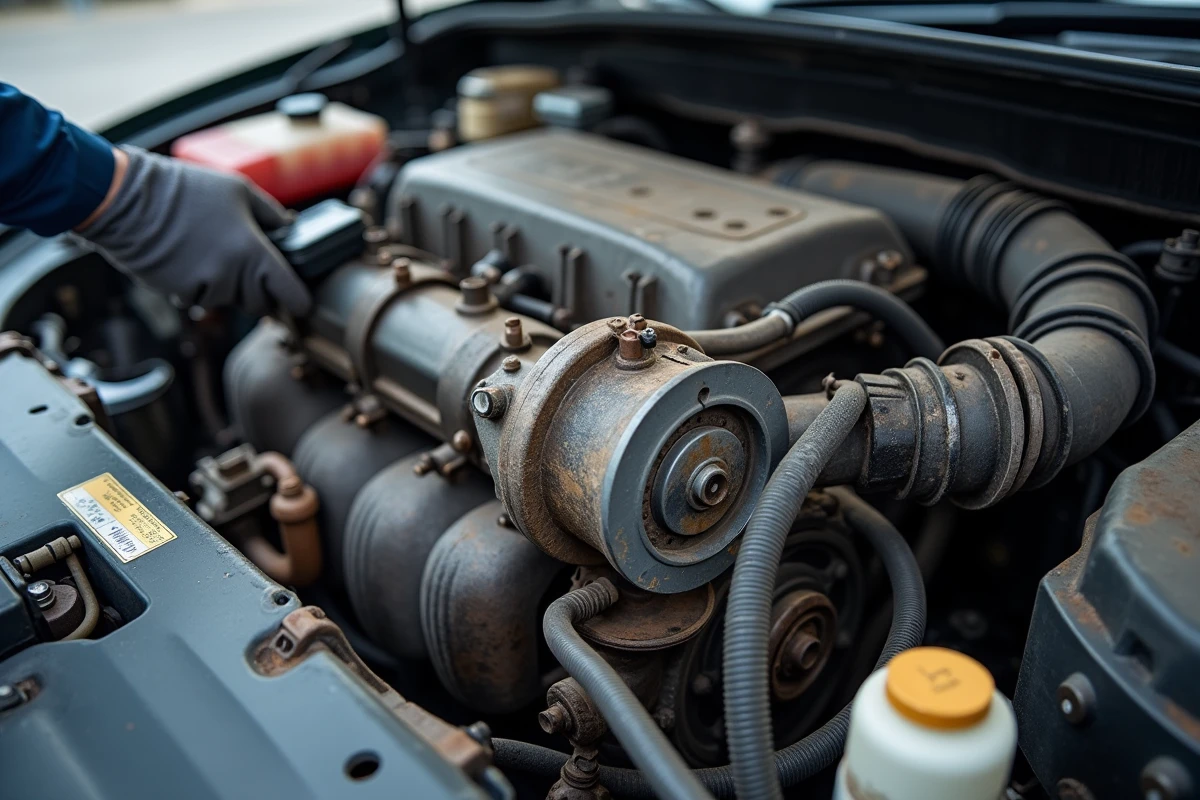 Gros plan sur le compartiment moteur d'un 1.6 TDI avec vanne EGR et turbo visibles lors d'un diagnostic