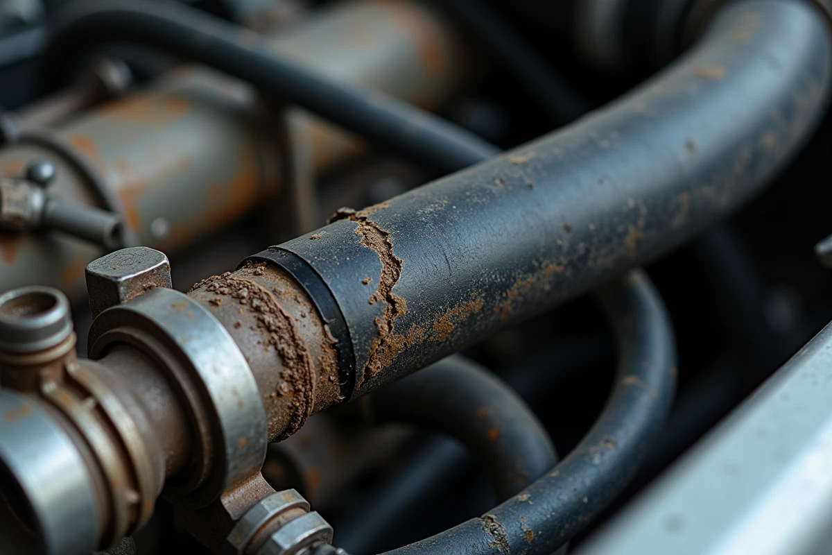 Gros plan d'un moteur endommagé avec durite craquelée et résidus de liquide de refroidissement, conséquences d'erreurs de conduite