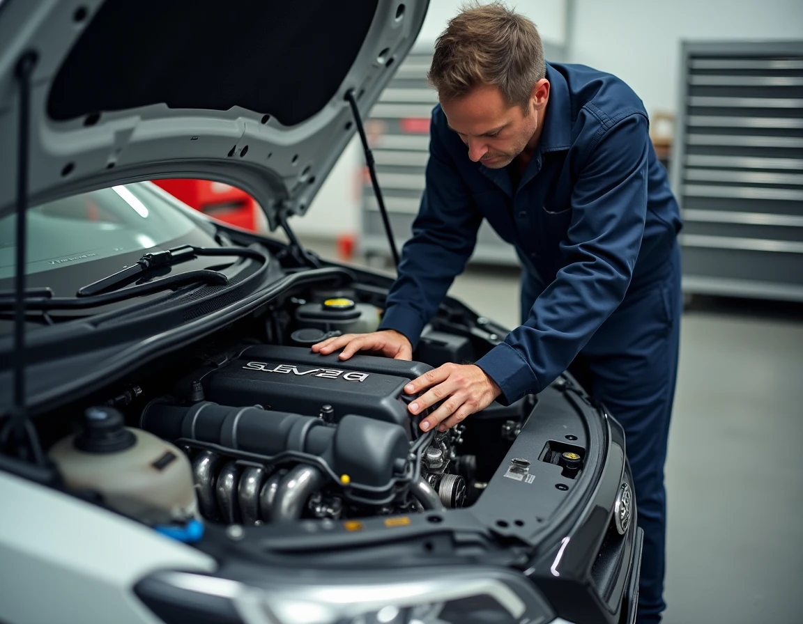 Mécanicien inspectant le moteur turbo EJ257 d'une Subaru Impreza STI dans un garage professionnel