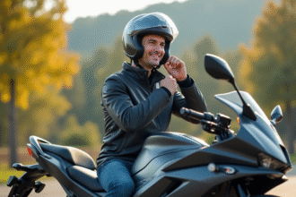 Motocycliste souriant mettant un casque moderne à l'extérieur