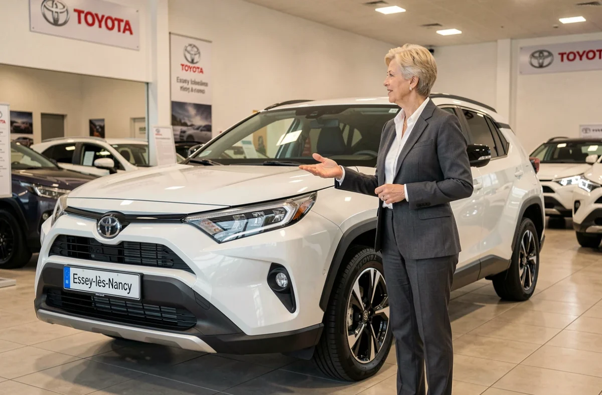 Intérieur du showroom Toyota de NASA Automobiles à Essey-lès-Nancy avec conseillère commerciale et véhicule exposé
