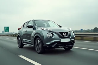 Nissan Juke gris métallisé roulant sur autoroute européenne, vue trois quarts avant dynamique