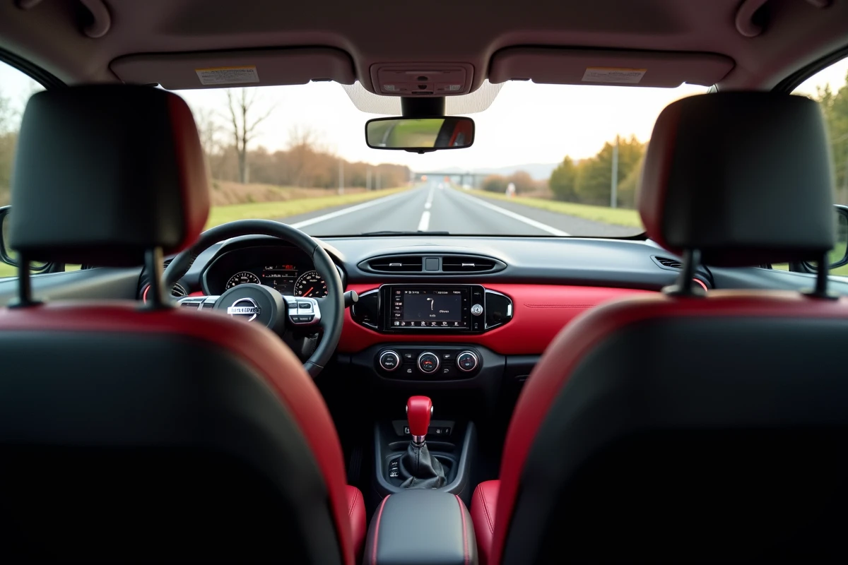 Intérieur du Nissan Juke avec tableau de bord moderne et volant sport, vue depuis la banquette arrière