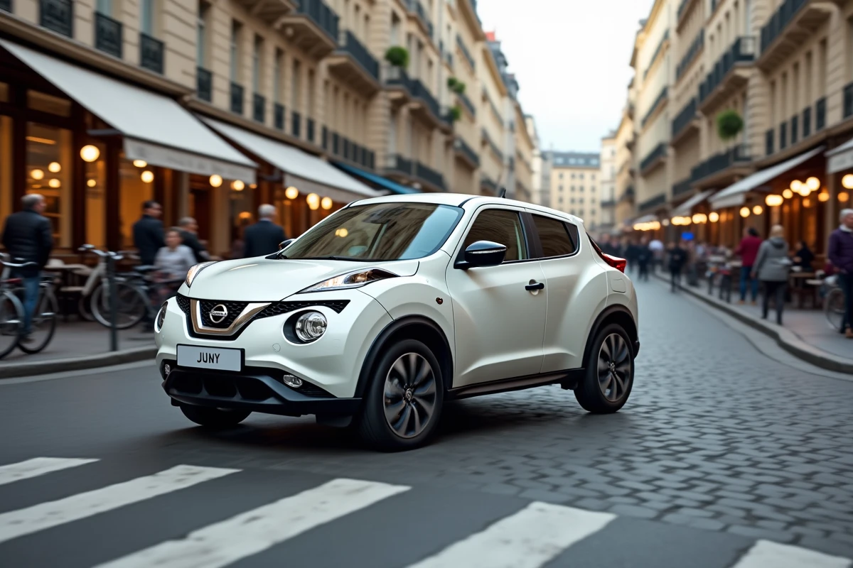 Nissan Juke blanc nacré en circulation dans une rue urbaine parisienne entourée d'immeubles haussmanniens